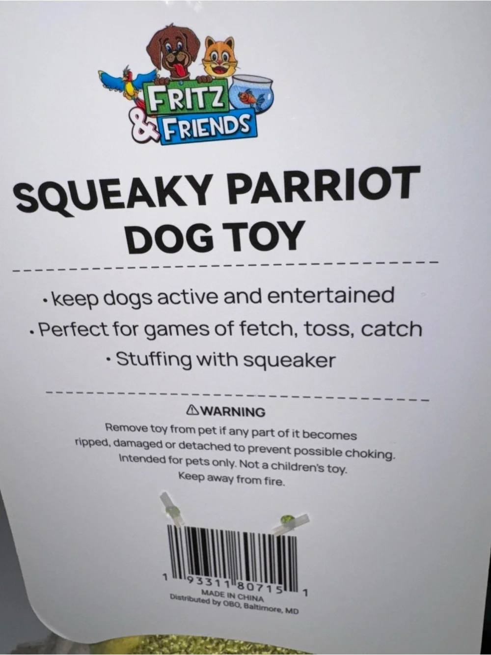 Fritz & Friends 14” Bird Dog Toy Clinker & Squeaker for Dogs Brand New